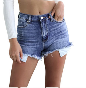 Shorts de mezclilla rectos de cintura alta ecológicos de verano para mujer, casuales, lavados, rasgados, ajustados - Product Image 1