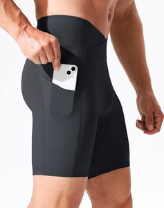 <b>Men</b> High Waist Compression <b>Shorts</b> Solid Color Spandex Polyester Quick Dry Sporty Style With Pockets <b>Bermuda</b> Length - Product Image 4