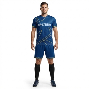 Ensemble d'uniformes de football personnalisés bleu marine géométriques respirants 100% polyester, maillot de football à manches courtes et short - Product Image 1