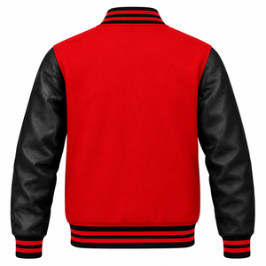 Chaqueta universitaria roja y negra para hombre de Cosh International con mangas de cuero auténtico y botones estilo béisbol - Product Image 3