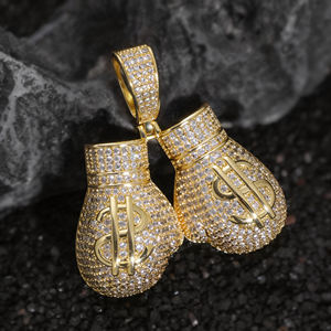 AMBER JEWELS Colgante de guante de boxeo chapado en oro de 18K con signo de dólar de circonita, joyería de collar unisex estilo Hip Hop para boda - Product Image 1