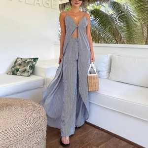 Mono largo sin mangas a rayas para mujer con aberturas frontales y lazo, de pierna ancha, estilo vestido. - Product Image 5