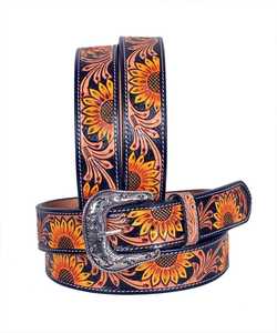 Ceinture en cuir western de qualité supérieure avec motif tournesol, boucle argentée, design floral peint à la main, boucle amovible - Product Image 1