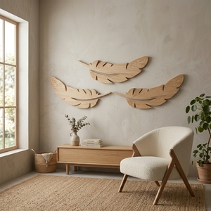 Sculpture murale artisanale en bois avec plumes, décoration murale minimaliste en bois sculpté, décoration murale bohème pour salon et chambre à coucher - Product Image 5
