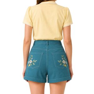 Custom Teal Blue Floral Embroidered <b>Women</b> High Waist <b>Denim</b> <b>Shorts</b> Casual Summer Cotton <b>Stretch</b> Jean <b>Shorts</b> Custom Logo Apparel - Product Image 2