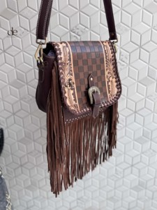High Quality Fringe Handbag Hand <b>Tooled</b> Carving <b>Leather</b> Bag Gypsy Boho Checkers Handmade Real <b>Leather</b> Western Multi Uses Bag - Product Image 2