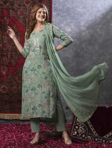 Ensemble indien pakistanais brodé de fleurs roses en rayonne, kurta, pantalon et dupatta, tenue traditionnelle pour femmes pour les mariages et le bureau - Product Image 6