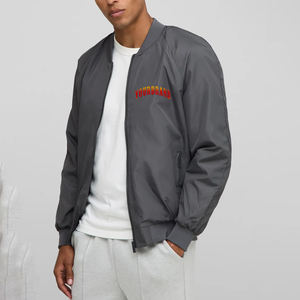 Top Trending <b>Men's</b> Gray <b>Bomber</b> <b>Jacket</b> Embroidered Logo Zipper Closure Casual Autumn Wear Regular Fit Turn-down Collar Polyester - Product Image 1