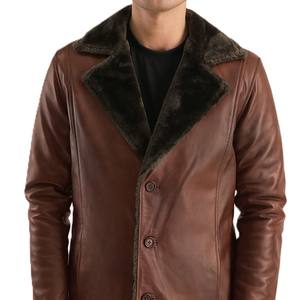 Chaqueta Larga de Invierno para Hombre en Cuero Marrón con Forro de Piel, Cuello de Piel, Forro Cálido y Diseño Clásico con Botones Personalizados - Product Image 4