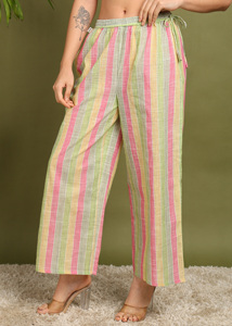 Pantalon palazzo rayé en coton artisanal pour femme, élégant, taille élastique, léger et respirant, idéal pour l'été - Product Image 2