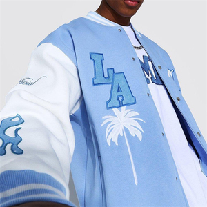 <b>Men's</b> Light <b>Blue</b> Varsity Jacket Front Embroidered LA MA Preppy Style Regular Fit Stand Collar Reversible Eco-Friendly Polyester - Product Image 6