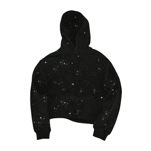 Black Sparkle Gradient Acid Wash Jacquard Women's Hoodies 300 Grams Fleece Warm Rhinestone Streetwear Pullover Custom Winter - Product Image 6