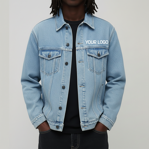 Top Trending Cotton <b>Jean</b> Denim Jacket For Mens Fashion Plus Size Custom Pockets Button Up Denim Men's Jackets Light Blue Color - Product Image 5