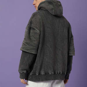 Sudaderas con capucha de doble capa para hombre, de peso pesado, con efecto lavado ácido y desgastado, estilo oversize - Product Image 5