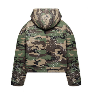 Sudadera con capucha de moda con logo personalizado estampado, camuflaje y pedrería, con cremallera, de algodón grueso y forro polar, estilo oversize, streetwear unisex - Product Image 2