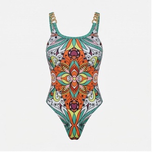 Traje de Baño de Una Pieza para Mujer con Estampado Floral, Cuello Redondo, Spandex, Poliéster Elástico, Ribete en Contraste, Decoración con Pedrería - Product Image 1
