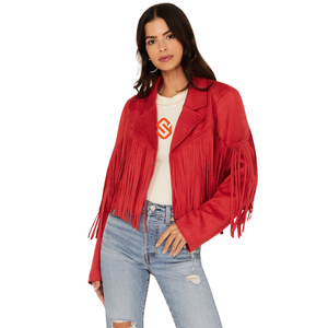 Red Faux Suede Fringe <b>Jacket</b> Women Cropped Open Front Notch Lapel Western Boho Coat Lightweight Microsuede Festival OEM - Product Image 1