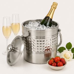 Seau à glace en acier inoxydable à double paroi avec couvercle et poignée, refroidisseur à vin et champagne en métal martelé pour bar - Product Image 2