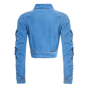 Women Light Blue <b>Cropped</b> <b>Denim</b> <b>Jacket</b> Ruched Long Sleeve Button Front Slim Fit Casual Fashion Outerwear - Product Image 3