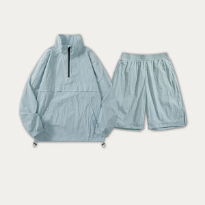 ชุดวอร์มลำลองแบบ unisex น้ำหนักเบา เสื้อแจ็คเก็ตครึ่งซิปพร้อมกางเกงขาสั้น สีพื้น ผ้าโพลีเอสเตอร์ระบายอากาศ ใส่สบายในฤดูร้อน - Product Image 4