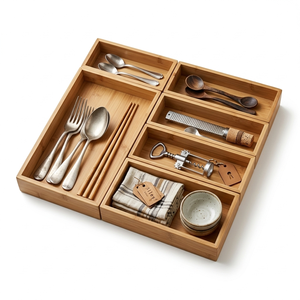 Bamboo Drawer Organizer <b>Set</b> Rectangular Wood Storage Bins for Kitchen Utensils Makeup and Office <b>Desk</b> - Product Image 1