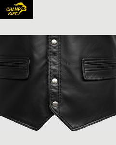 Gilet moto en cuir pour homme Champ King, col montant, couleur unie, style motard, veste d'extérieur, style automne - Product Image 3