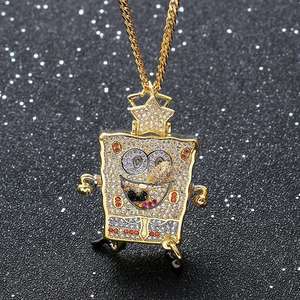 สร้อยคอจี้เพชรโมอิสซาไนต์ทรงเหลี่ยมสี่เหลี่ยม SpongeBob SquarePants ชุบทองคำสีกุหลาบ เงินสเตอร์ลิง เครื่องประดับฮิปฮอป - Product Image 2