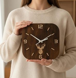 Wooden Quartz Modern <b>Square</b> Silent 3D Needle Deer Pattern Wall Clock AA <b>Battery</b> Powered for Living Room Home Decor - Product Image 1