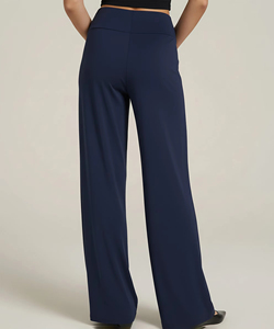 Pantalon large en coton tissé uni à taille haute pour femme, coupe ample, longueur intégrale, avec deux poches latérales - Product Image 5