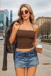 Top Corto de Mujer con Cuello Halter, Color Marrón Sólido, Informal, Transpirable, de Spandex y Poliéster, Tejido, para Uso Diario, Primavera Verano - Product Image 3