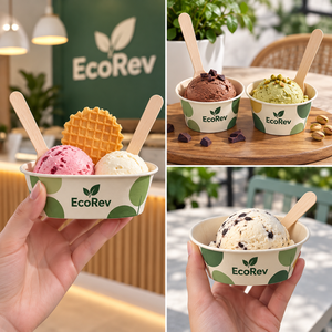 ถ้วยไอศกรีมกระดาษรีไซเคิลย่อยสลายได้ EcoRev ลายใบไม้ ขนาดตามสั่ง พิมพ์ดิจิทัล ผนังชั้นเดียว เกรดสำหรับอาหาร - Product Image 2