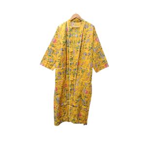 Bata de algodón con estampado floral amarillo, cuello en V, manga larga, estilo kimono, bata de baño larga con bolsillos y cinturón con cordón. - Product Image 1