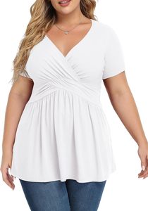 Camiseta tipo túnica de algodón con cuello en V para mujer, talla grande, de verano, manga corta, transpirable, lisa, informal, de corte regular, sexy. - Product Image 4