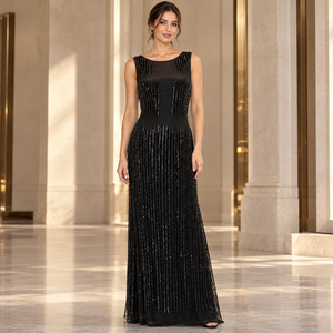 Robe de soirée noire à sequins verticaux, col rond, avec panneau transparent |   Robe de soirée fourreau sans manches, longueur ras du sol, silhouette droite - Product Image 2