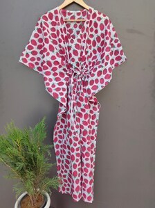 Caftán de Algodón para Mujer, Vestido de Verano de Manga Corta con Cuello en V, Estampado de Lunares, Largo Completo, Cierre de Encaje, Tejido Suave con Estampado a Mano - Product Image 3
