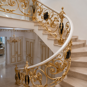 Luxury Gold White Curved Staircase <b>Railing</b> Ornate Scroll Balustrade with Black Medallions for Villa Mansion Decor - Product Image 1