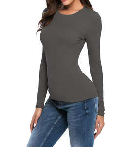 Camisetas de manga larga para mujer al por mayor, ajustadas, de cuello redondo, para primavera y otoño, camisetas básicas lisas - Product Image 1