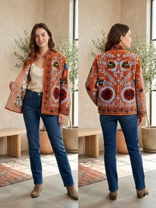 Prairie Style Women's Velvet Quilted Blouson Jacket Hand Embroidered Floral Mandarin Collar Full Sleeve Winter <b>Coat</b> - Product Image 4