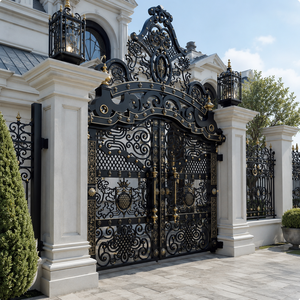 Portail de Mansion en Fer Forgé Noir et Or Royal, Ornements Décoratifs, Portail Double d'Entrée de Luxe avec Piliers Blancs et Design de Lampes - Product Image 2