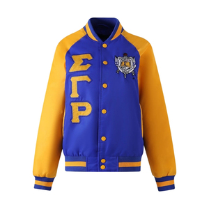 เสื้อแจ็คเก็ตบอมเบอร์ Sigma Gamma Rho สไตล์วาร์ซิตี้ แบบซิป แจ็คเก็ตลำลองสำหรับออกกำลังกาย คอเสื้อและปลายแขนเสื้อแบบริบ ปักลายตามสั่ง OEM - Product Image 1