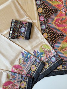 Sari indio tradicional de seda con estampado digital y blusa con ribetes de Dori para ocasiones de boda - Product Image 3