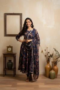 Conjunto de Kurta y Dupatta Estampados Azul Marino para Fiestas, Tela Georgette, Dupatta Estampada para Mayoristas - Product Image 5