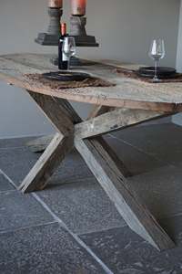 Rustic Wooden Dining <b>Table</b> Round Handmade <b>Reclaimed</b> Timber Antique Style Farmhouse Furniture Natural Wood Top X-Leg Base - Product Image 3