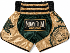Shorts de Muay Thai pour hommes, vert, broderie de dragon doré, vêtements de sport, coupe régulière pour adultes, polyester extensible - Product Image 1