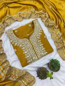 FANCY CHINON SILK EMBROIDERY SEQUENCE WORK TOP SHARARA WITH DUPATTA YELLOW 74743 - Product Image 3