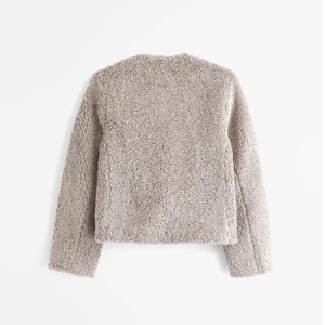 Veste courte en polaire pour femme, col rond, manches longues, fermeture à boutons, manteau chaud d'hiver, couleur unie, vêtement d'extérieur en polaire - Product Image 2