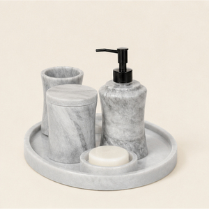 Ensemble d'accessoires de salle de bain en marbre gris naturel de luxe, ensemble de bain en pierre fait main avec distributeur de savon, plateau et porte-brosse à dents - Product Image 5