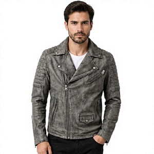 <b>Men's</b> Premium Leather <b>Biker</b> Moto <b>Jacket</b> Slim Fit Winter Solid Color Acid Wash Zipper Front Logo Windproof Heated Outerwear - Product Image 1