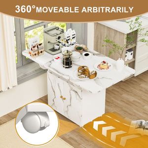 47\" White Marble Color Wood <b>Folding</b> <b>Dining</b> <b>Table</b> with Storage Rack Cabinet & 6 Wheels Removable Entryway <b>Table</b> for Kitchen - Product Image 6