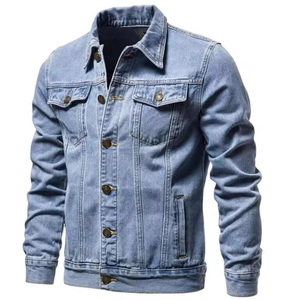 Veste en jean bleu clair pour homme, coupe classique, couleur unie, coton, boutons sur le devant, poches surpiquées, streetwear, hiver, décontracté - Product Image 3